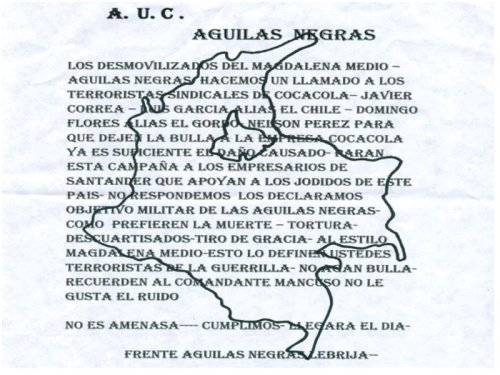 Amenazas realizadas por los "Aguilas Negras" a sindicalistas de Coca Cola en Colombia